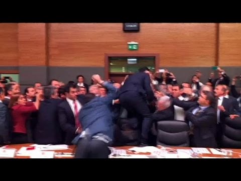 بالفيديو البرلمان التركي يتحول إلى حلبة مصارعة